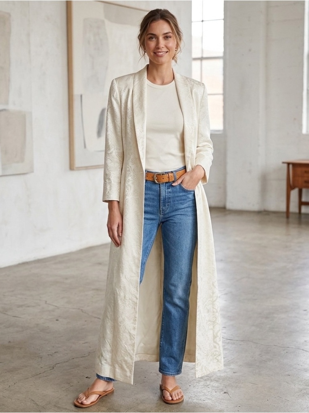 Elegant vintage Cream Brocade long Coat